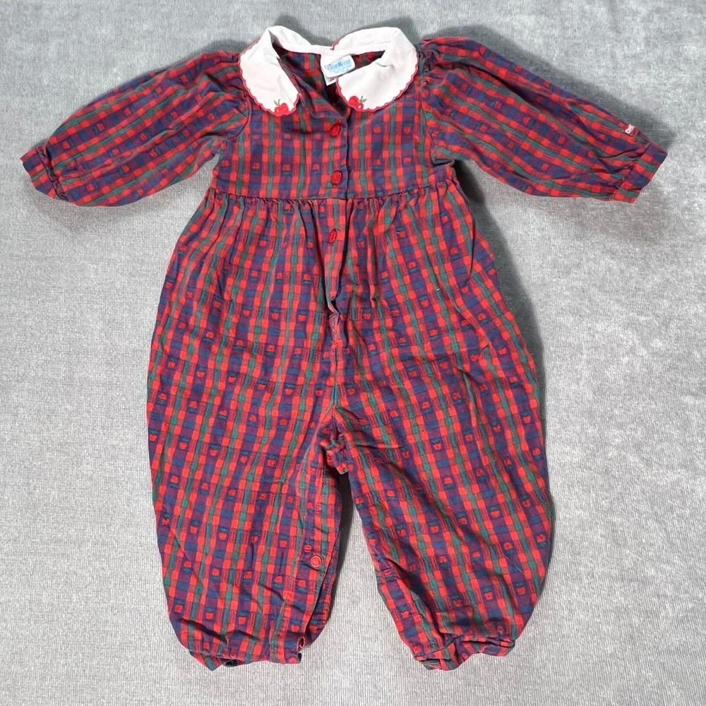 Vintage OshKosh Bgosh Baby Girls Plaid Apple Romper Jumpsuit 18 Months USA Made